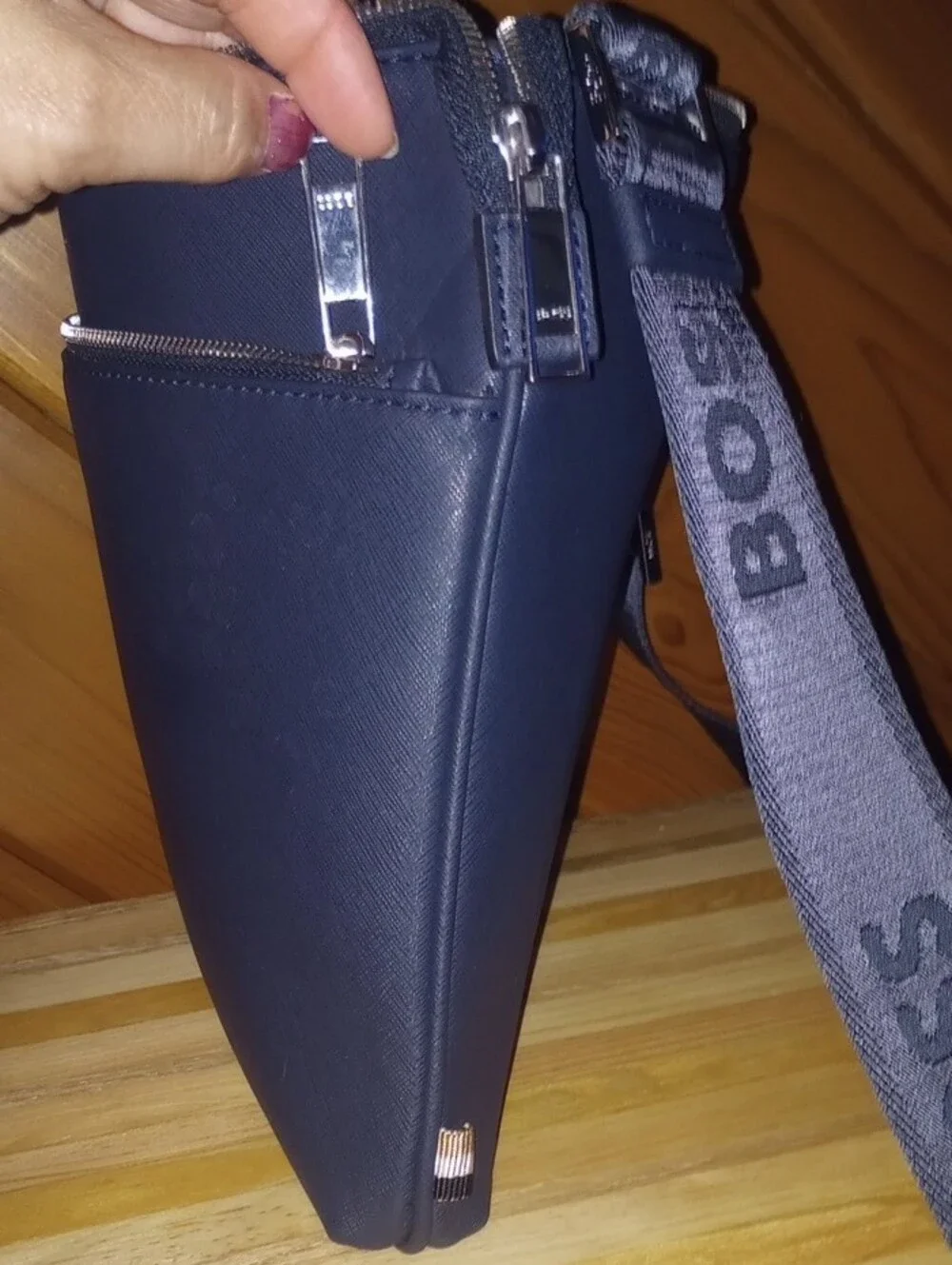 BOSS Navy Textured Messenger Bag with Branded Strap